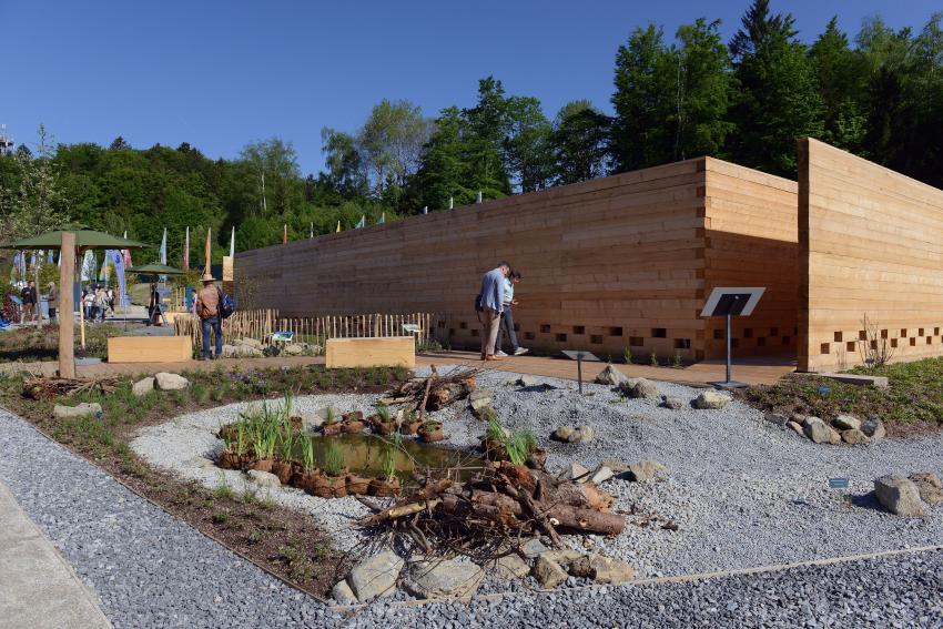 Landesgartenschaufreigelände mit Insektenhotel, Totholz und naturnahen Teich