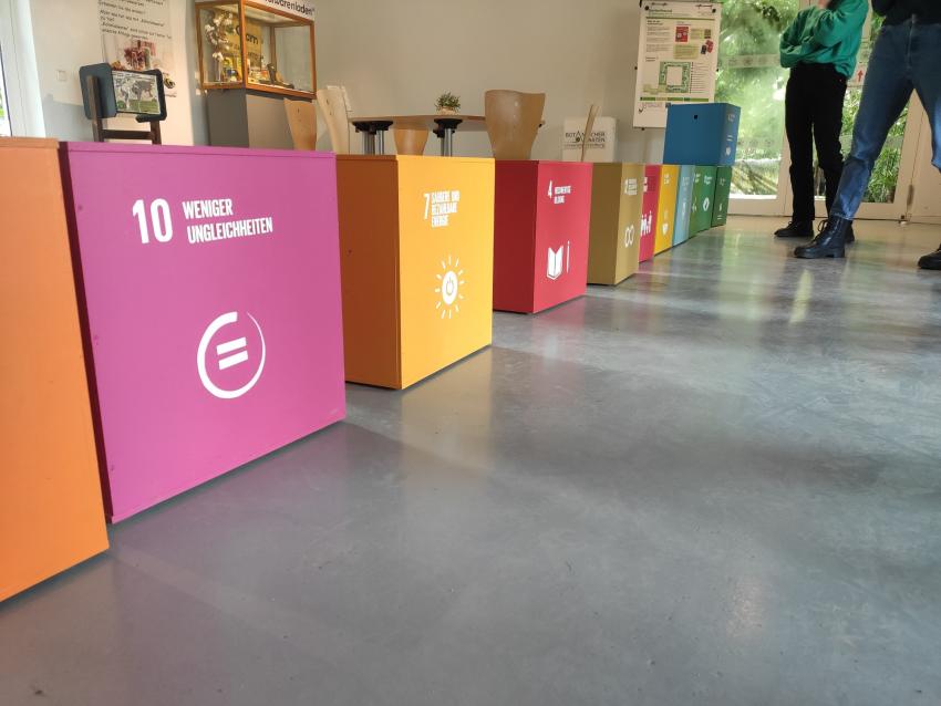 BNE Hocker - Studierende sortieren die SDG-Würfel thematisch Foto: Schweitzer-Martin Emily