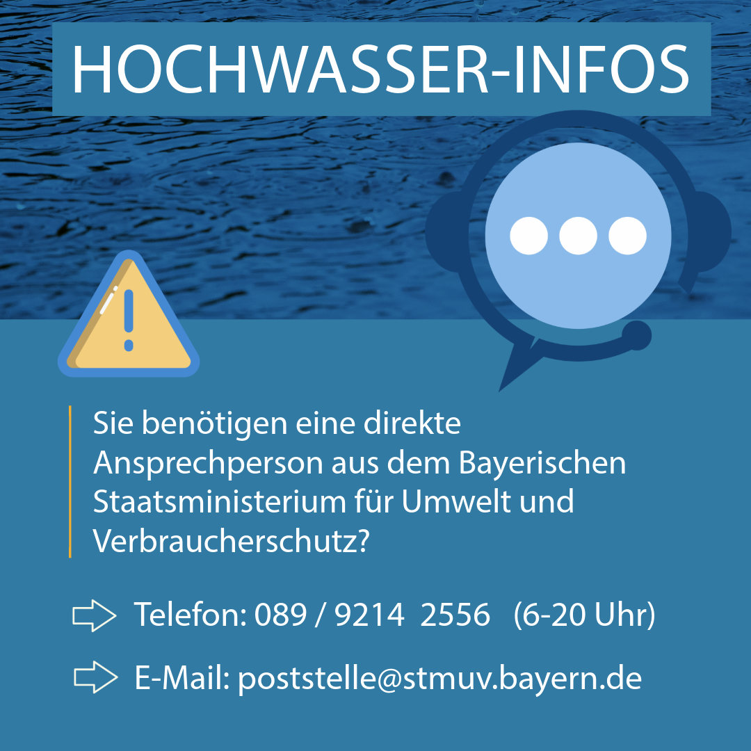 Hochwasser-Info Grafik 2 mit Infotext: Sie benötigen eine direkte Ansprechperson aus der Servicestelle des Bayerischen Staatsministeriums für Umwelt und Verbraucherschutz? Die Telefonnummer lautet 08992412556. Oder schreiben Sie an die E-Mail-Adresse poststelle@stmuv.bayern.de