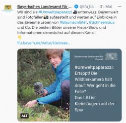 Screenshot des Tweets mit Mitarbeiter, der eine Wildtierkamera hält und Text mit Überschritt # Umweltpaparazzi