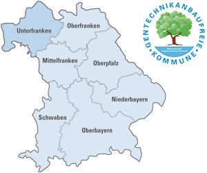Übersichtskarte von Bayern mit Logo "Gentechnikanbaufreie Kommune"