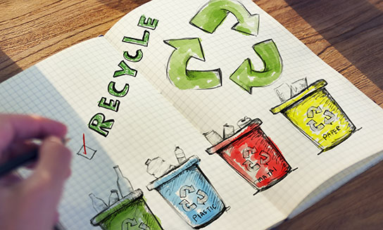 Recyclingzeichen mit vier Mülltonnen